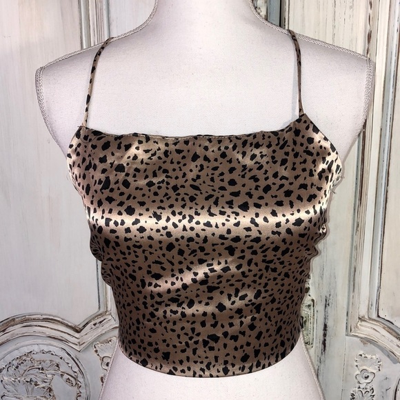 Chocolate Y2K Animal Print Spaghetti Crisscross Strap Cropped Satin Camisole Top - Picture 1 of 7